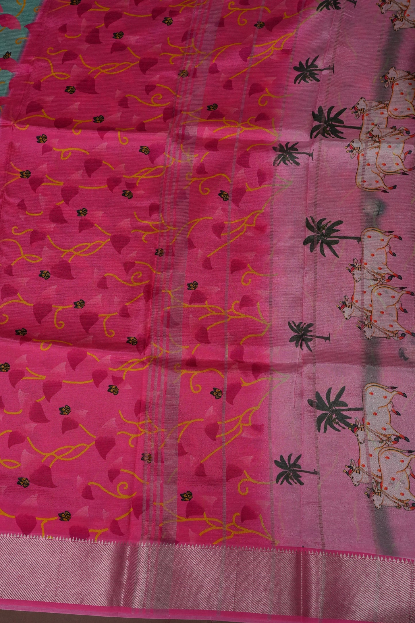 Mangalagiri Printed Silk Saree - Aqua Green & Coral Pink