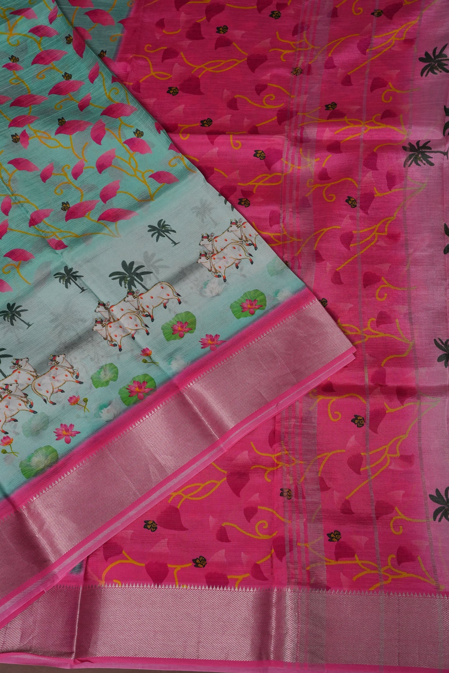 Mangalagiri Printed Silk Saree - Aqua Green & Coral Pink