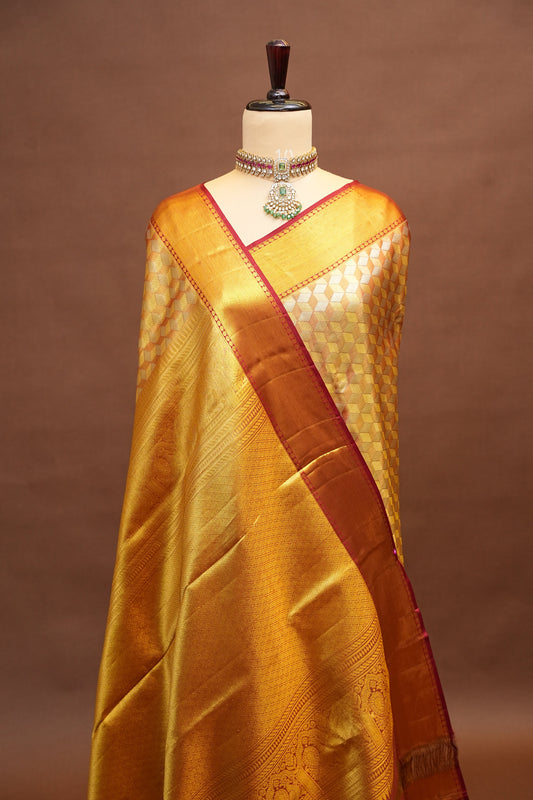 Gold & Deep Red Pure Tissue Kanchipuram Silk Saree|Silk Mark Certified