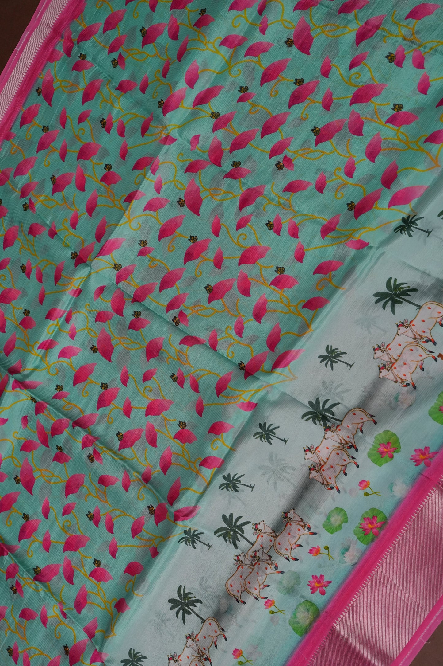 Mangalagiri Printed Silk Saree - Aqua Green & Coral Pink