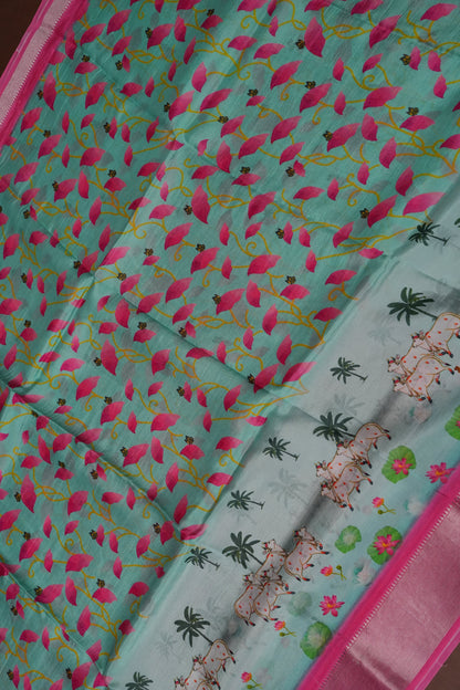 Mangalagiri Printed Silk Saree - Aqua Green & Coral Pink