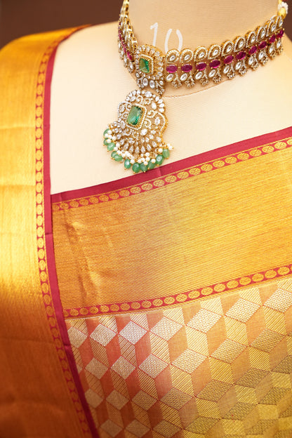 Gold & Deep Red Pure Tissue Kanchipuram Silk Saree|Silk Mark Certified