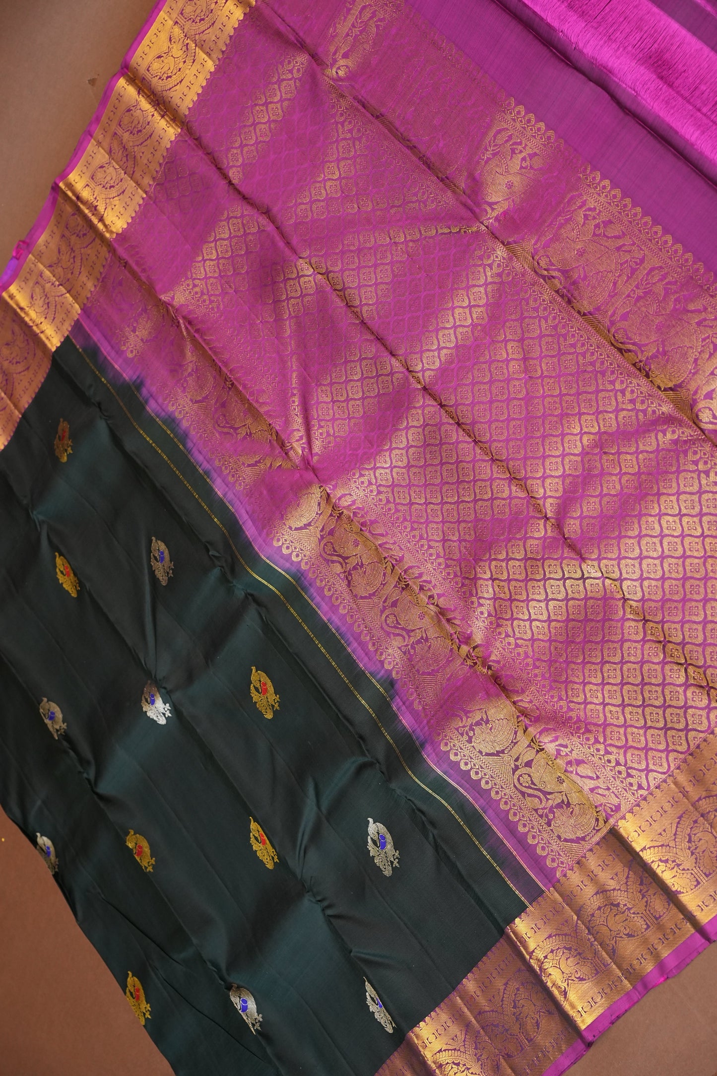 Pure Kanchipuram  Silk Saree with Antique Gold Zari Weave - Deep Green & Magenta