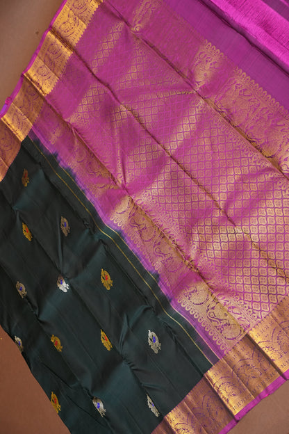 Pure Kanchipuram  Silk Saree with Antique Gold Zari Weave - Deep Green & Magenta