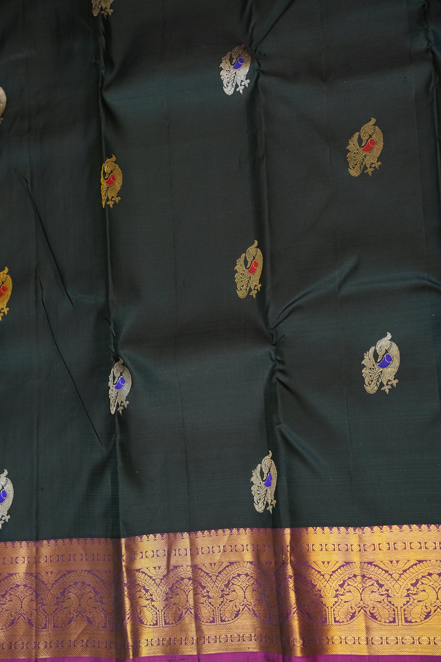 Pure Kanchipuram  Silk Saree with Antique Gold Zari Weave - Deep Green & Magenta
