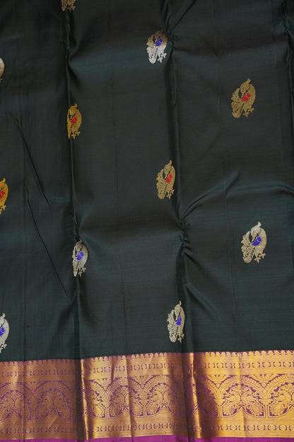 Pure Kanchipuram  Silk Saree with Antique Gold Zari Weave - Deep Green & Magenta