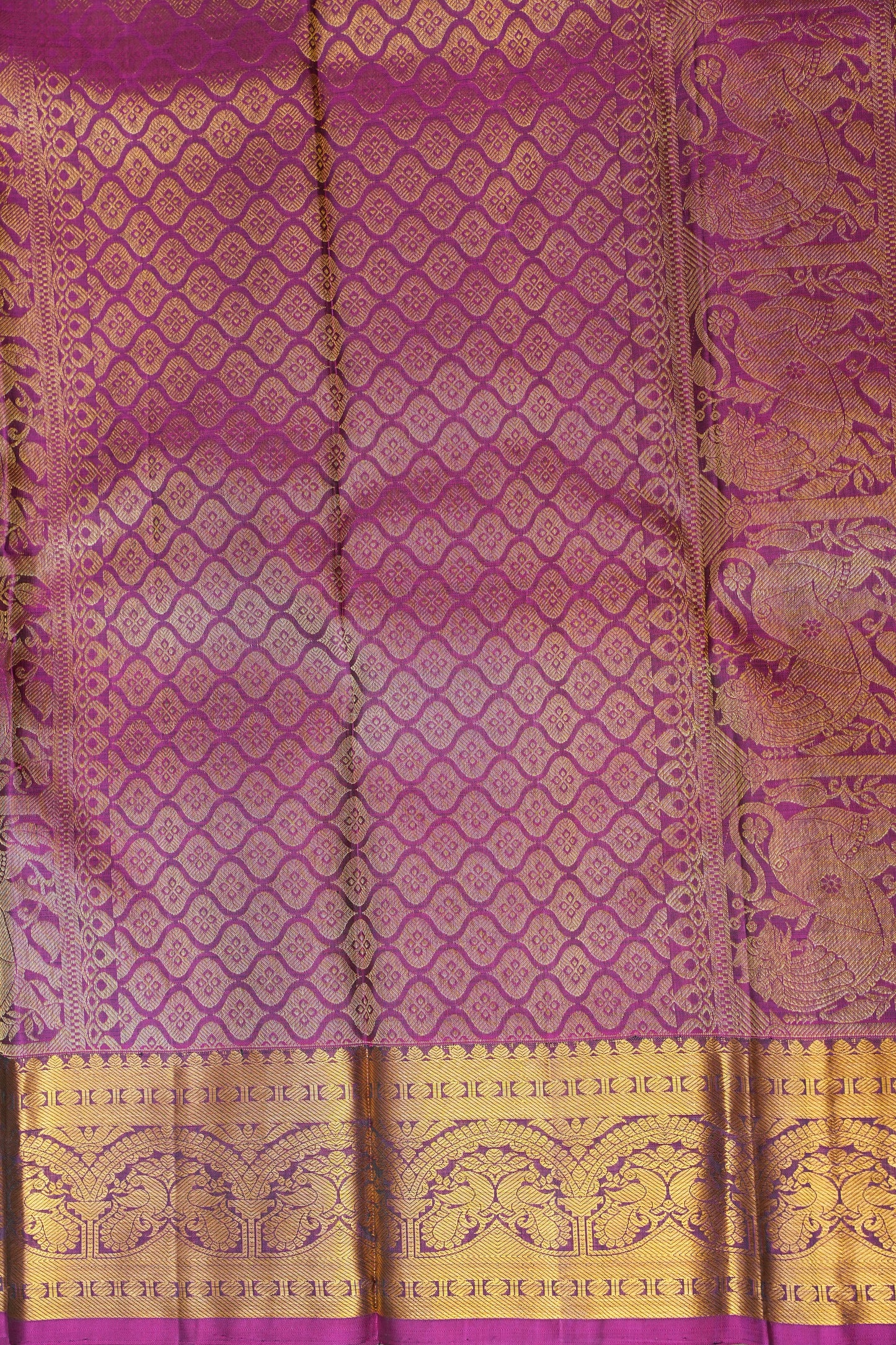 Pure Kanchipuram  Silk Saree with Antique Gold Zari Weave - Deep Green & Magenta