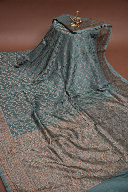 Khaddi Georgette Crepe Silk Saree with Antique Border – Blue Grey