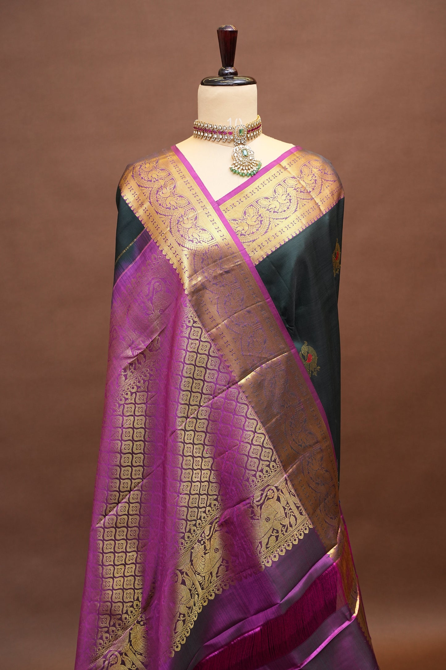 Pure Kanchipuram  Silk Saree with Antique Gold Zari Weave - Deep Green & Magenta