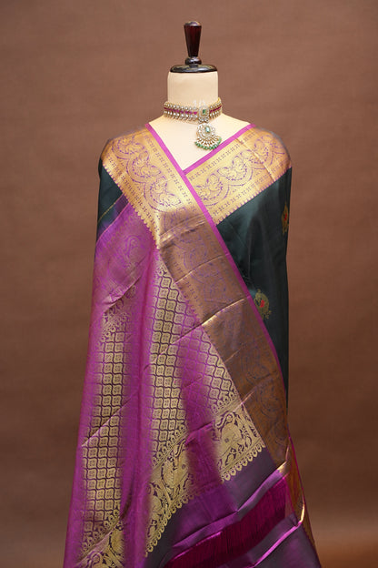 Pure Kanchipuram  Silk Saree with Antique Gold Zari Weave - Deep Green & Magenta