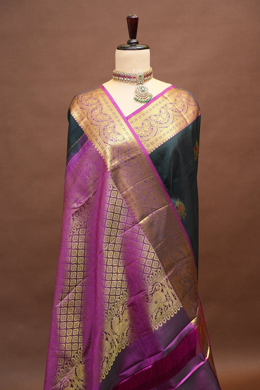 Pure Kanchipuram  Silk Saree with Antique Gold Zari Weave - Deep Green & Magenta