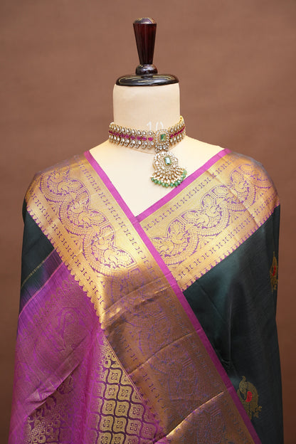 Pure Kanchipuram  Silk Saree with Antique Gold Zari Weave - Deep Green & Magenta