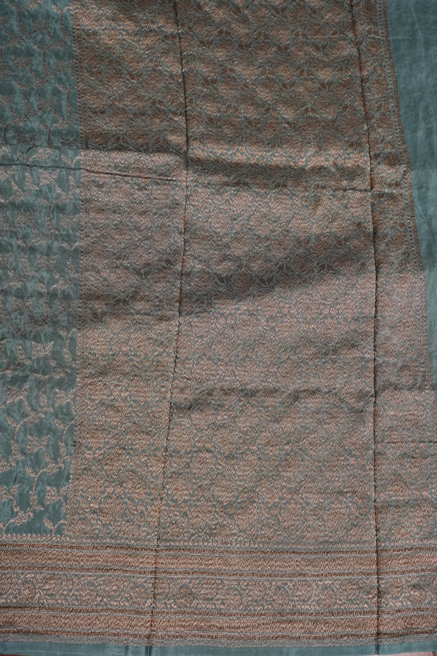 Khaddi Georgette Crepe Silk Saree with Antique Border – Blue Grey