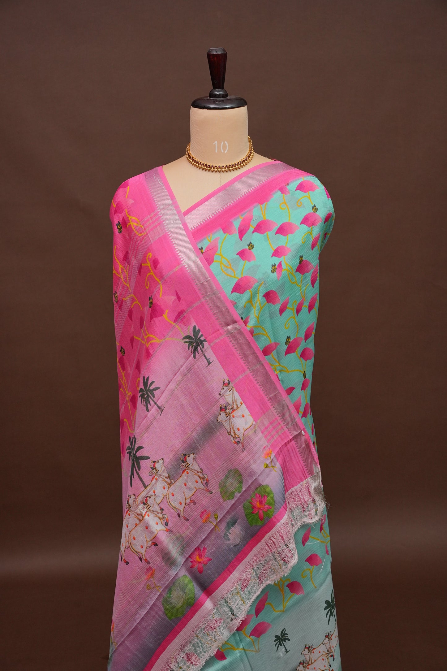 Mangalagiri Printed Silk Saree - Aqua Green & Coral Pink