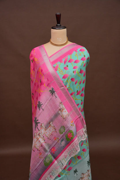 Mangalagiri Printed Silk Saree - Aqua Green & Coral Pink
