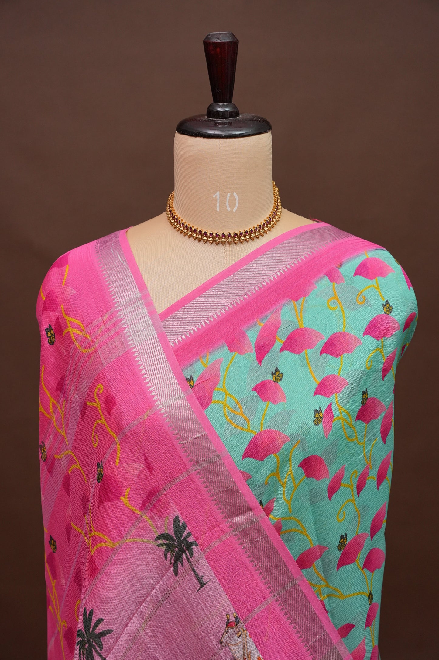 Mangalagiri Printed Silk Saree - Aqua Green & Coral Pink