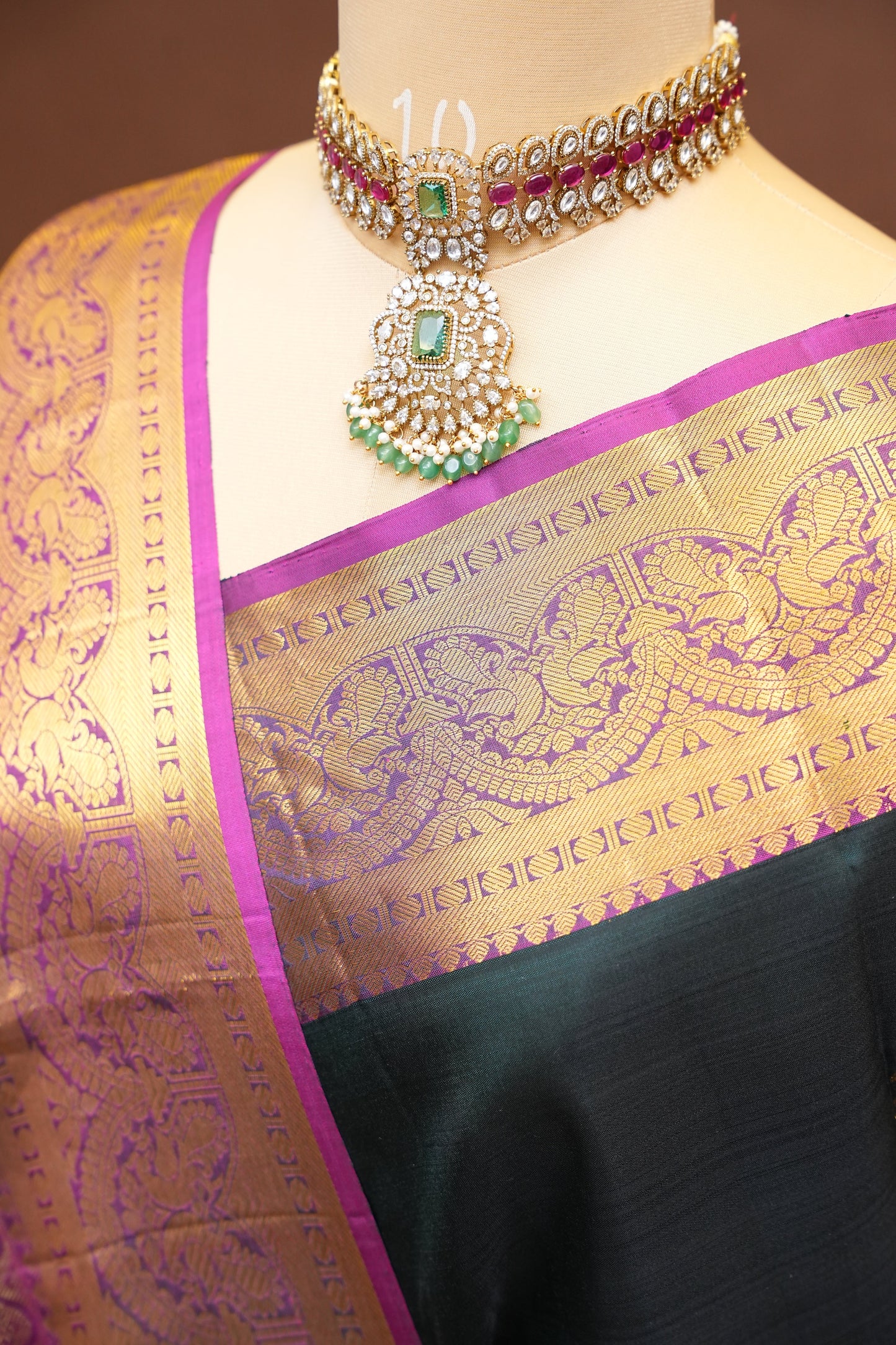 Pure Kanchipuram  Silk Saree with Antique Gold Zari Weave - Deep Green & Magenta