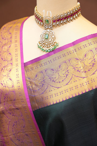 Pure Kanchipuram  Silk Saree with Antique Gold Zari Weave - Deep Green & Magenta
