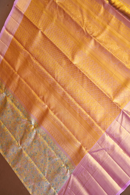 Beige & Gold and Baby Pink Pure Tissue Kanchipuram Silk Saree|Silk Mark Certified