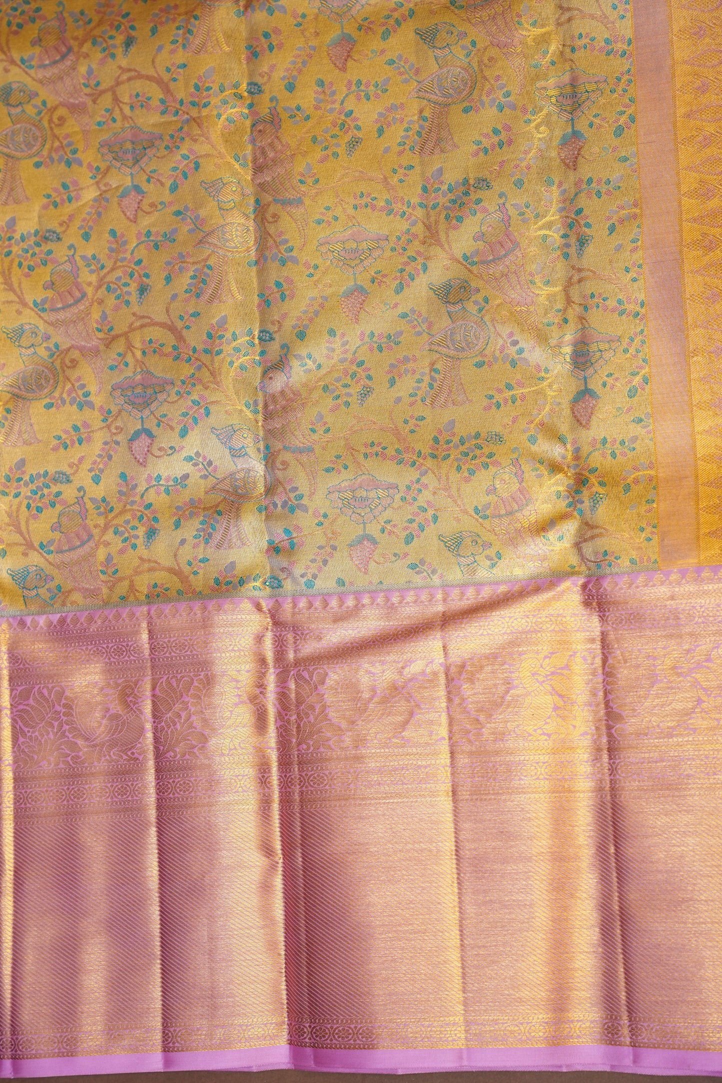 Beige & Gold and Baby Pink Pure Tissue Kanchipuram Silk Saree|Silk Mark Certified