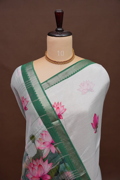 Mangalagiri Printed Silk Saree - Pearl White & Lotus Pink