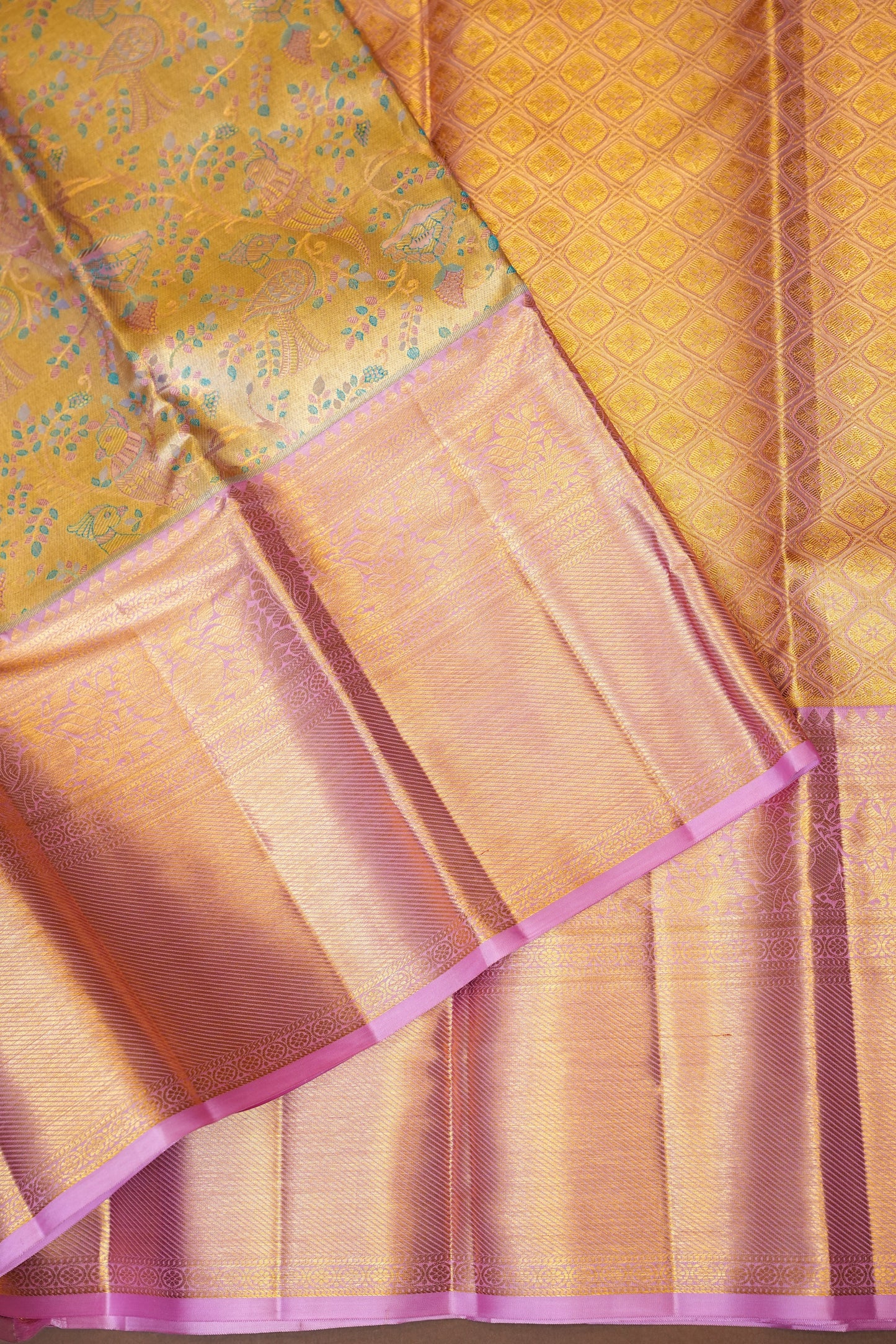Beige & Gold and Baby Pink Pure Tissue Kanchipuram Silk Saree|Silk Mark Certified