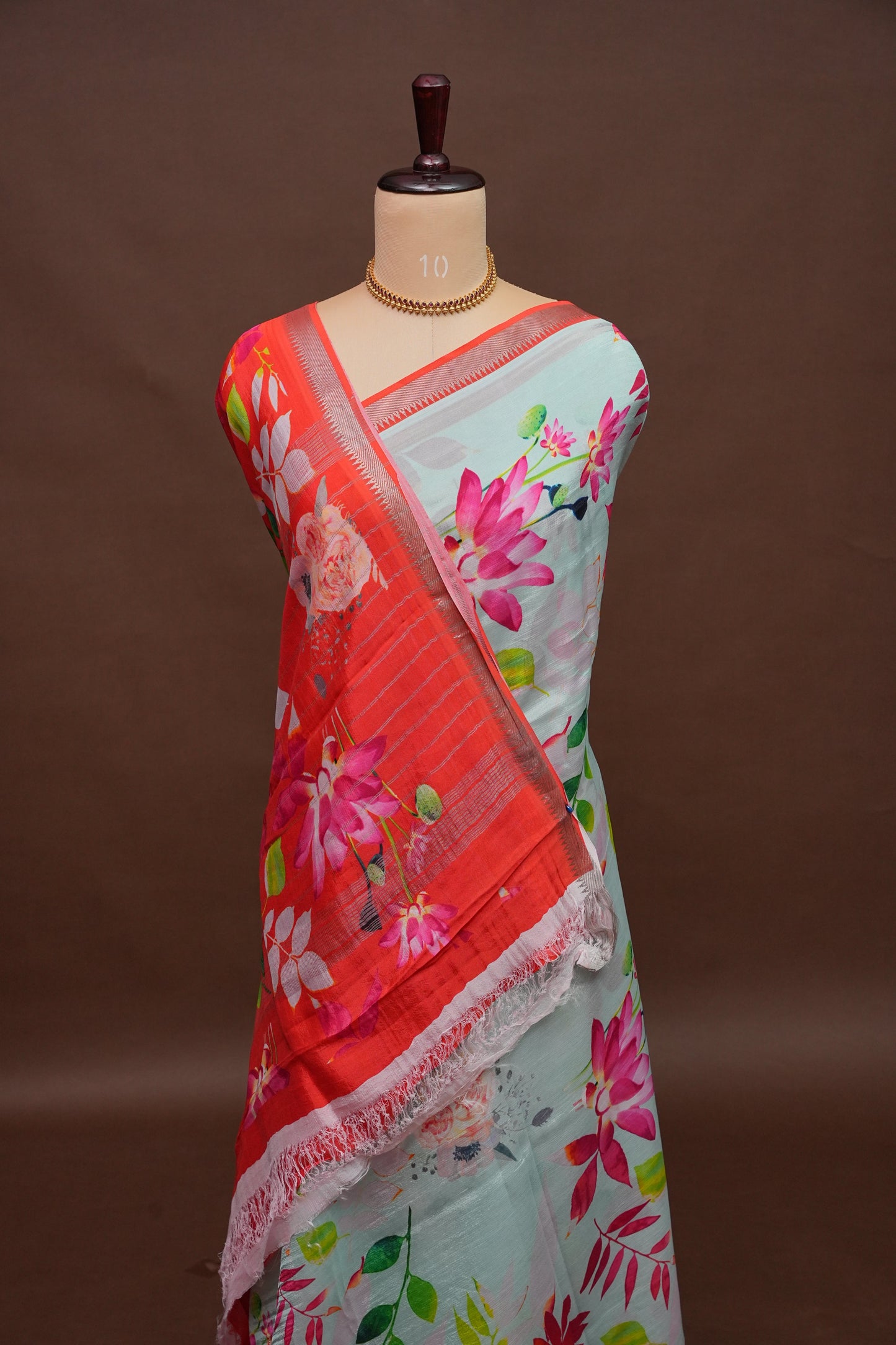 Mangalagiri Printed Silk Saree - Aqua Blue & Coral Orange