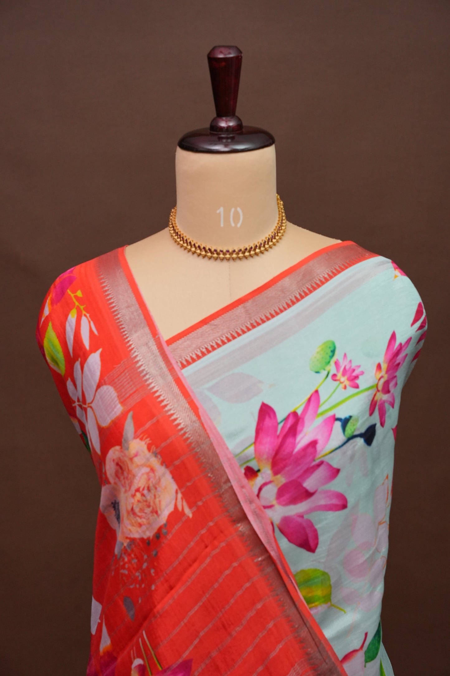Mangalagiri Printed Silk Saree - Aqua Blue & Coral Orange