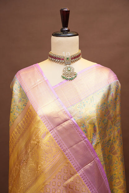 Beige & Gold and Baby Pink Pure Tissue Kanchipuram Silk Saree|Silk Mark Certified