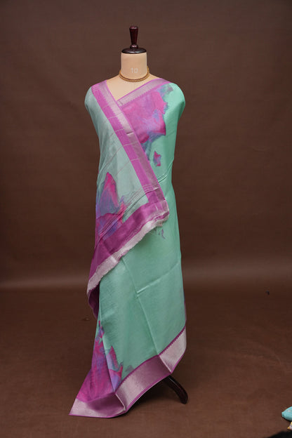 Mangalagiri Printed Silk Saree - Mint Green & Orchid Pink