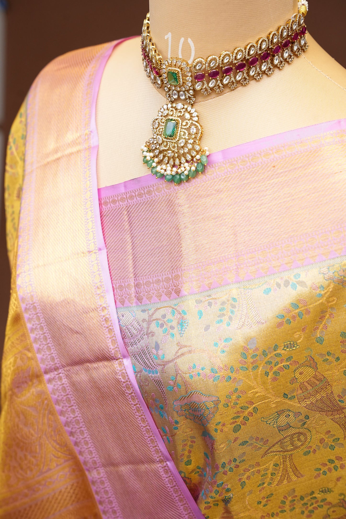 Beige & Gold and Baby Pink Pure Tissue Kanchipuram Silk Saree|Silk Mark Certified