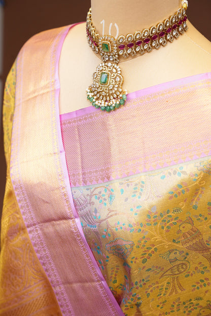 Beige & Gold and Baby Pink Pure Tissue Kanchipuram Silk Saree|Silk Mark Certified
