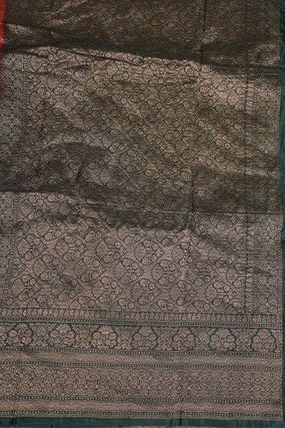 Khaddi Georgette Crepe Silk Saree with Antique Border – Red & Bottle Green