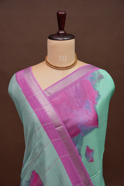 Mangalagiri Printed Silk Saree - Mint Green & Orchid Pink