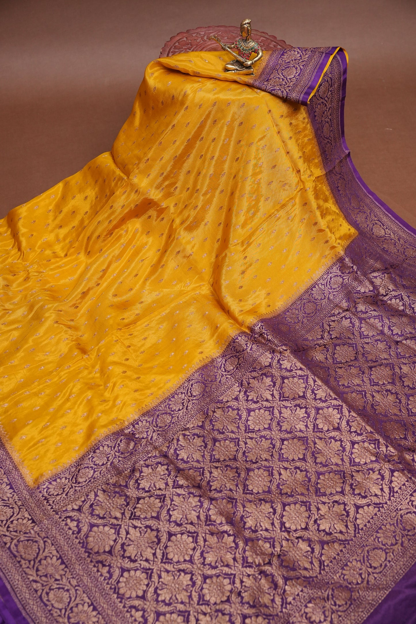 Khaddi Georgette Crepe Silk Saree with Antique Border – Yellow & Purple