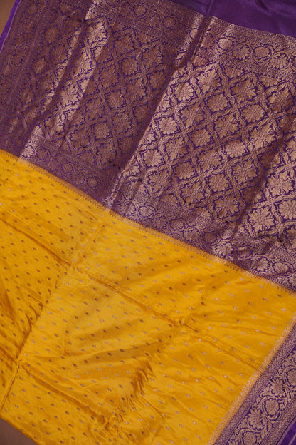 Khaddi Georgette Crepe Silk Saree with Antique Border – Yellow & Purple