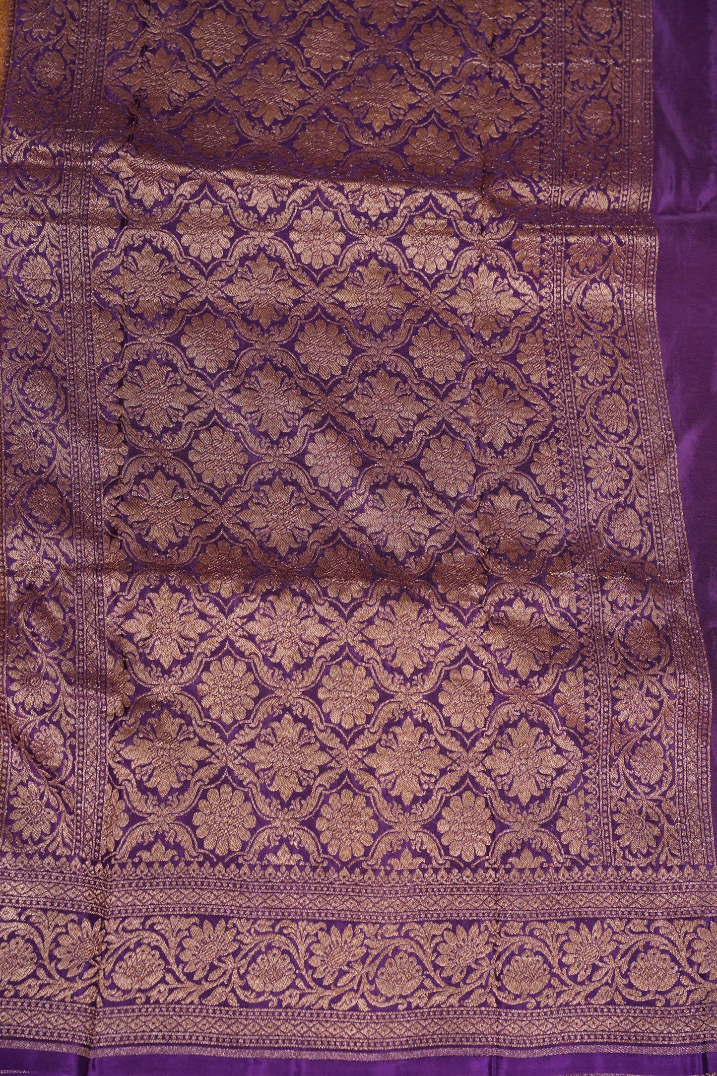 Khaddi Georgette Crepe Silk Saree with Antique Border – Yellow & Purple