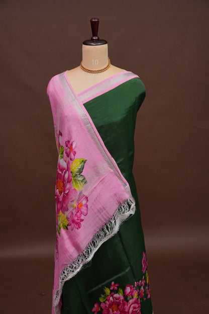 Mangalagiri Printed Silk Saree - Bottle Green & Blush Pink