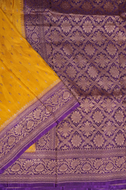 Khaddi Georgette Crepe Silk Saree with Antique Border – Yellow & Purple
