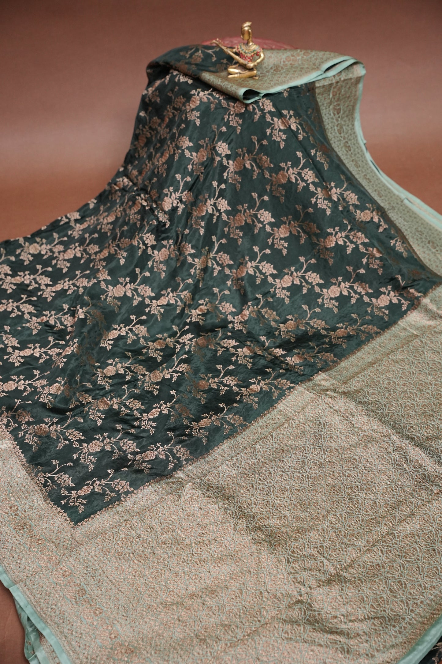 Khaddi Georgette Crepe Silk Saree with Antique Border – Bottle Green & Blue Grey