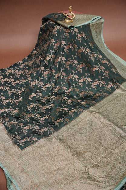 Khaddi Georgette Crepe Silk Saree with Antique Border – Bottle Green & Blue Grey