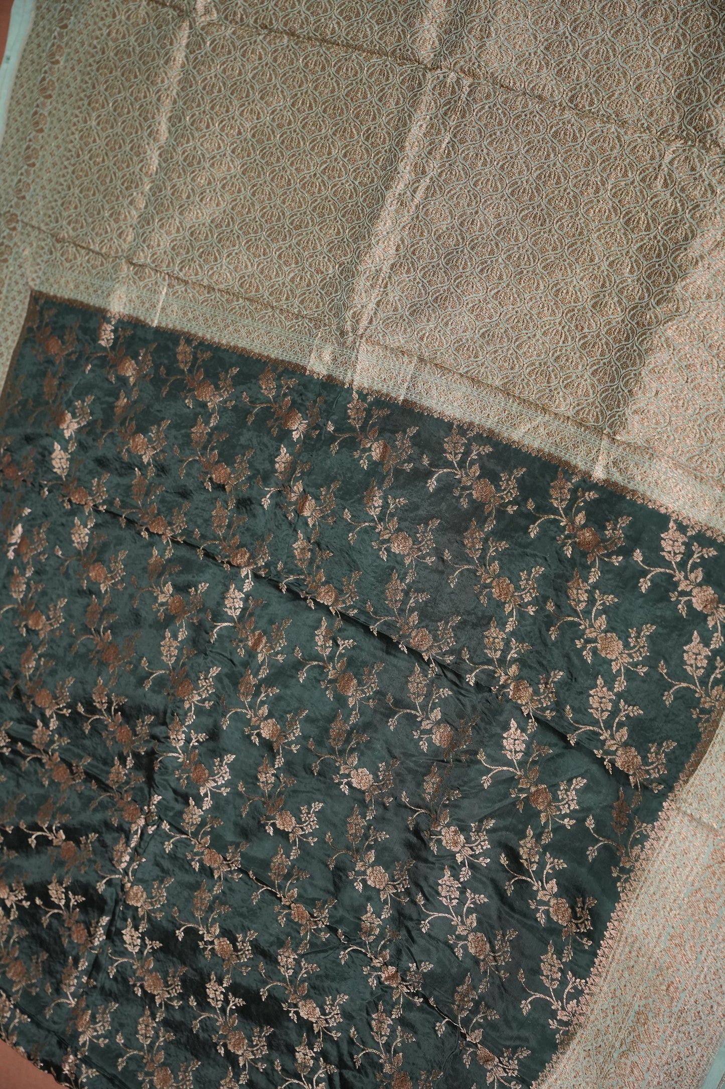 Khaddi Georgette Crepe Silk Saree with Antique Border – Bottle Green & Blue Grey