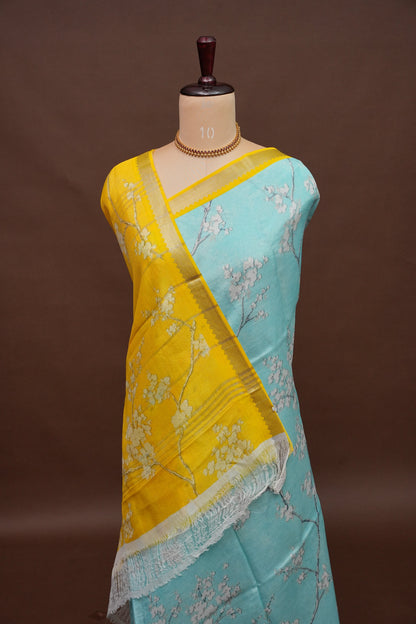 Mangalagiri Printed Silk Saree - Aqua Blue & Sunshine Yellow