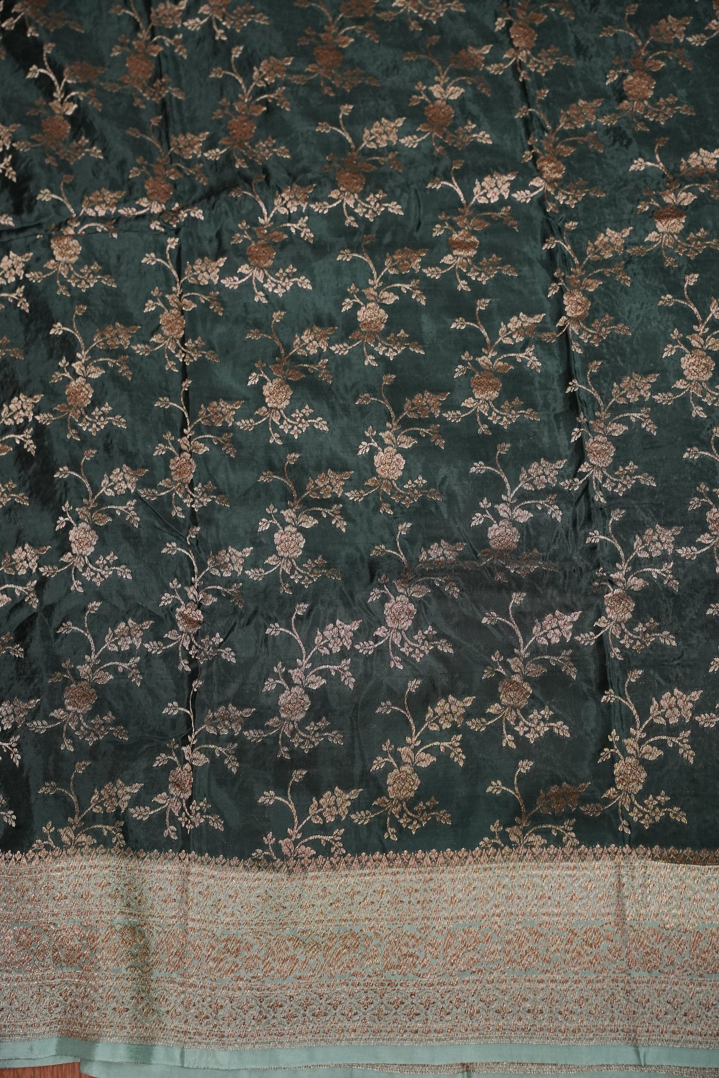 Khaddi Georgette Crepe Silk Saree with Antique Border – Bottle Green & Blue Grey