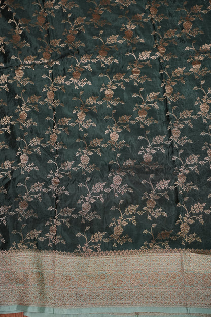 Khaddi Georgette Crepe Silk Saree with Antique Border – Bottle Green & Blue Grey