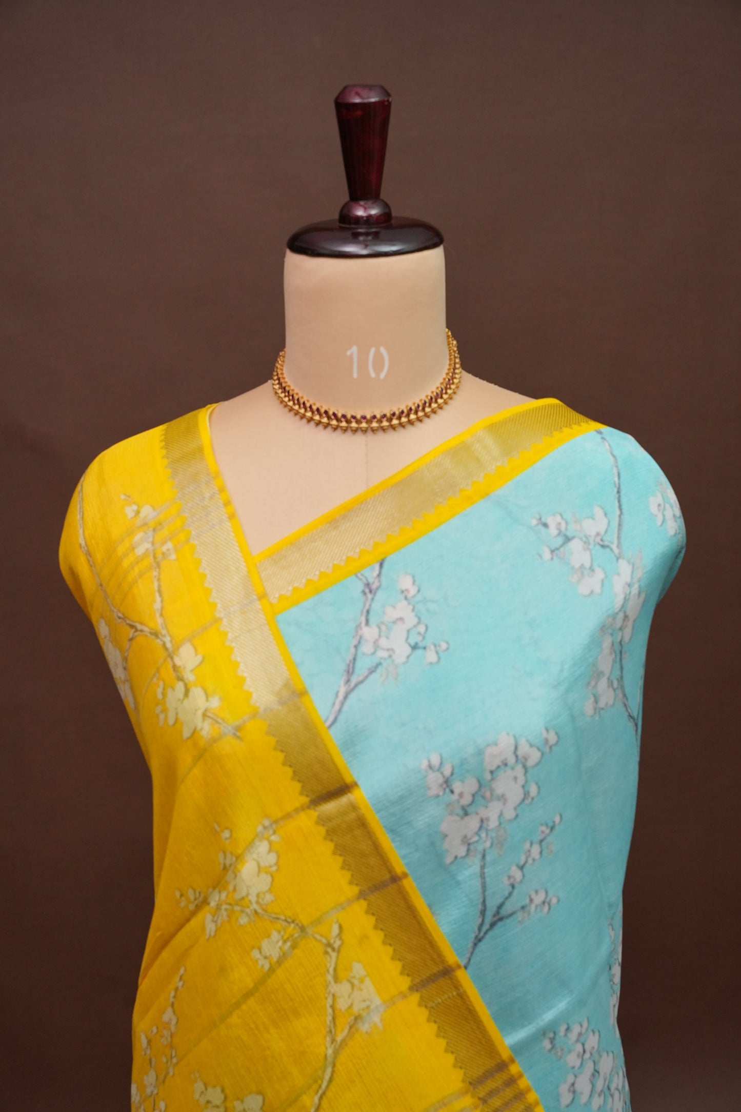 Mangalagiri Printed Silk Saree - Aqua Blue & Sunshine Yellow