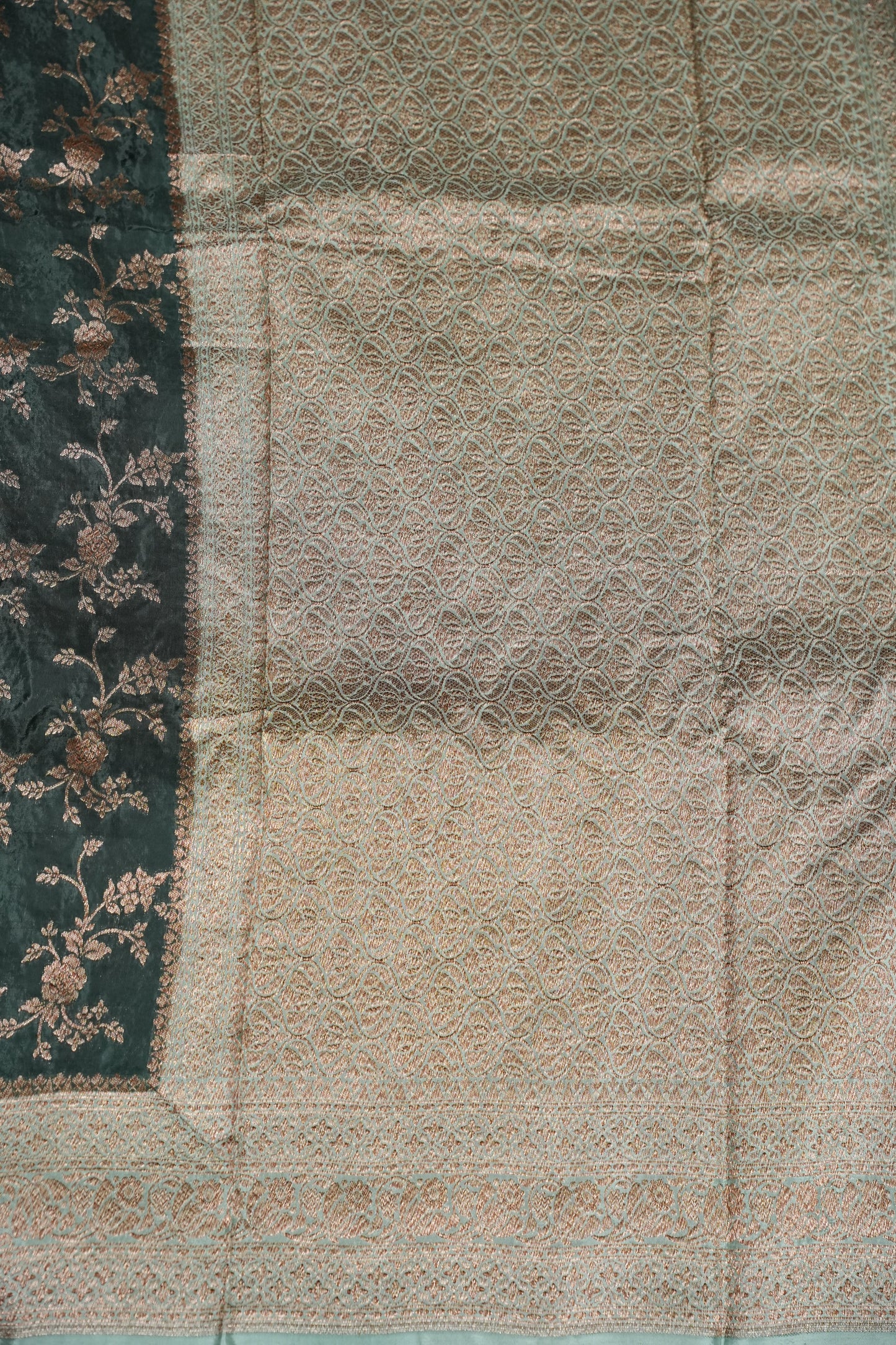 Khaddi Georgette Crepe Silk Saree with Antique Border – Bottle Green & Blue Grey