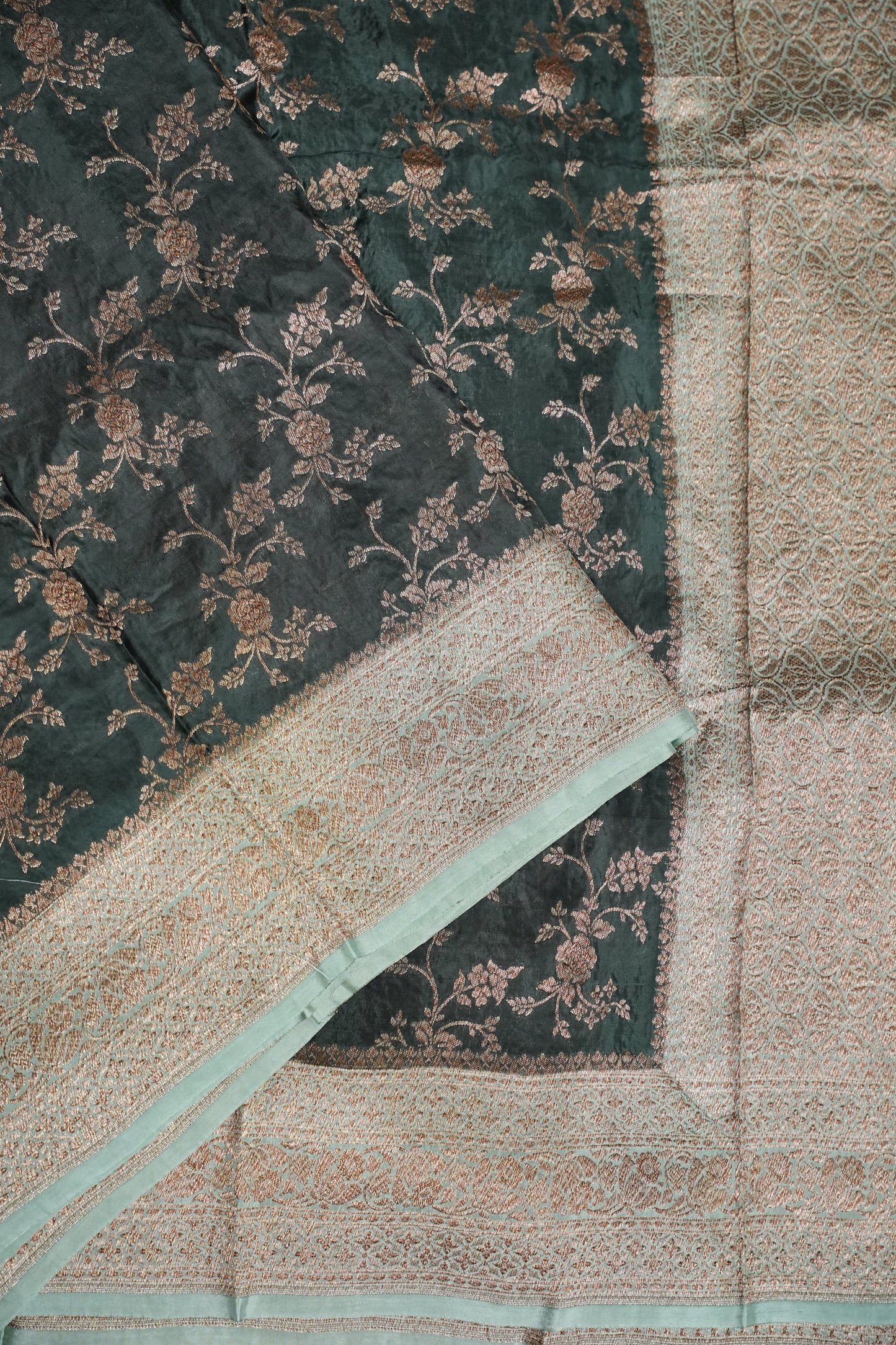 Khaddi Georgette Crepe Silk Saree with Antique Border – Bottle Green & Blue Grey