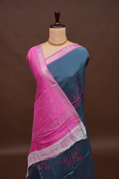 Mangalagiri Printed Silk Saree - Grey & Pink