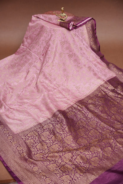 Khaddi Georgette Crepe Silk Saree with Antique Border – Baby Pink & Wine